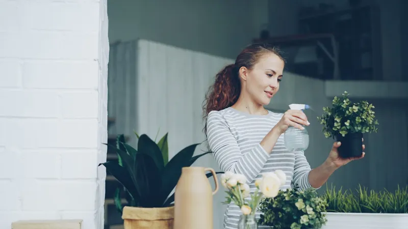 Cheerful housewife is watering green plants using sprayer holding flowerpots and smiling standing in beautiful light apartment. Housework, people and botany concept.